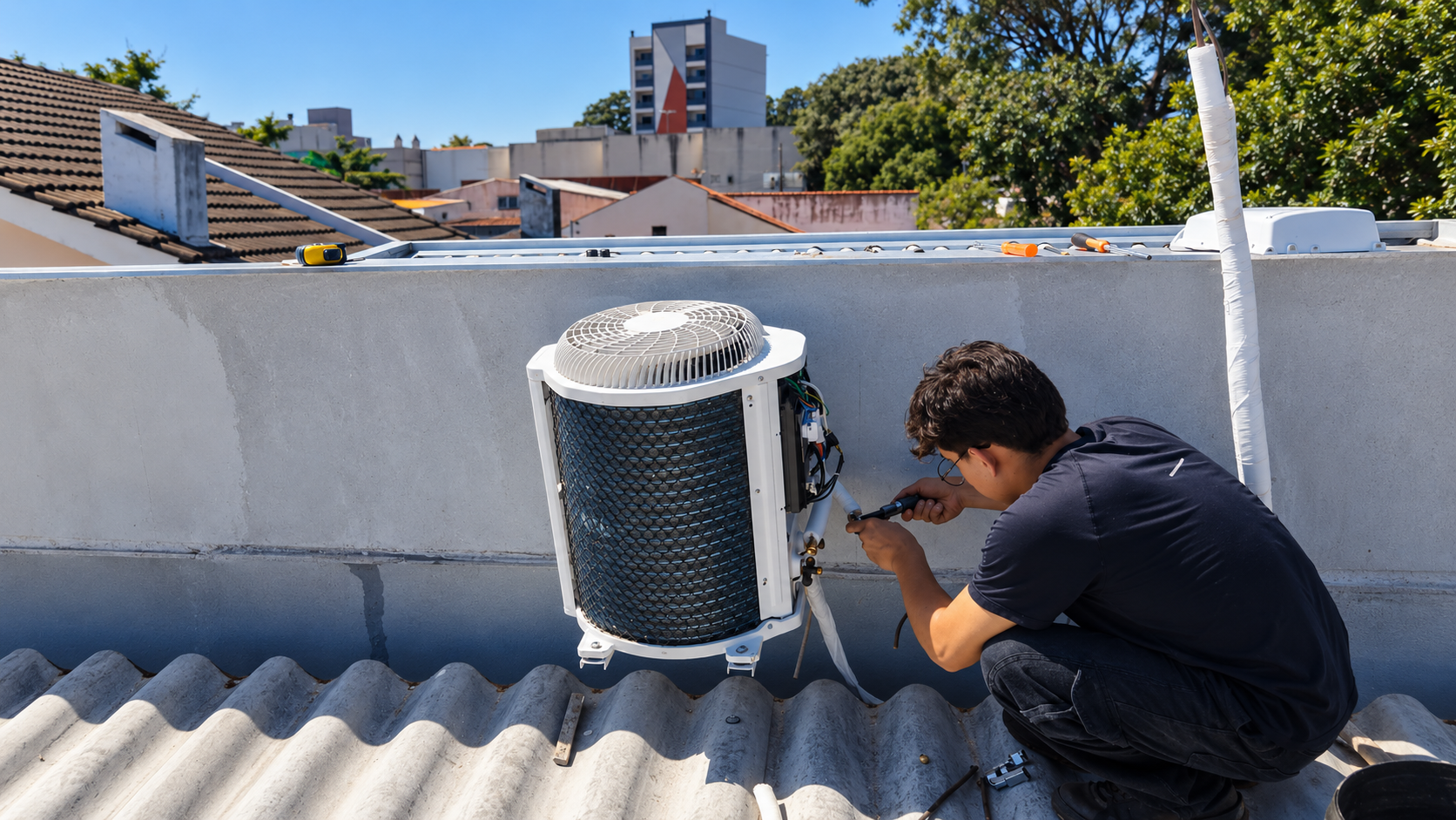 Técnico GREF trabalhando em unidade externa de ar-condicionado sobre um telhado